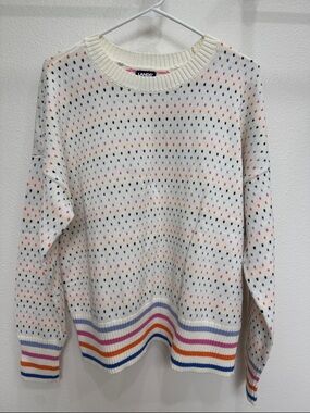 Lands' End Cream Crewneck Sweater with Multicolor Hem Stripes